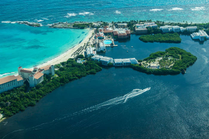 Bird's eye view of blue lagoon in Cancun, Mexico